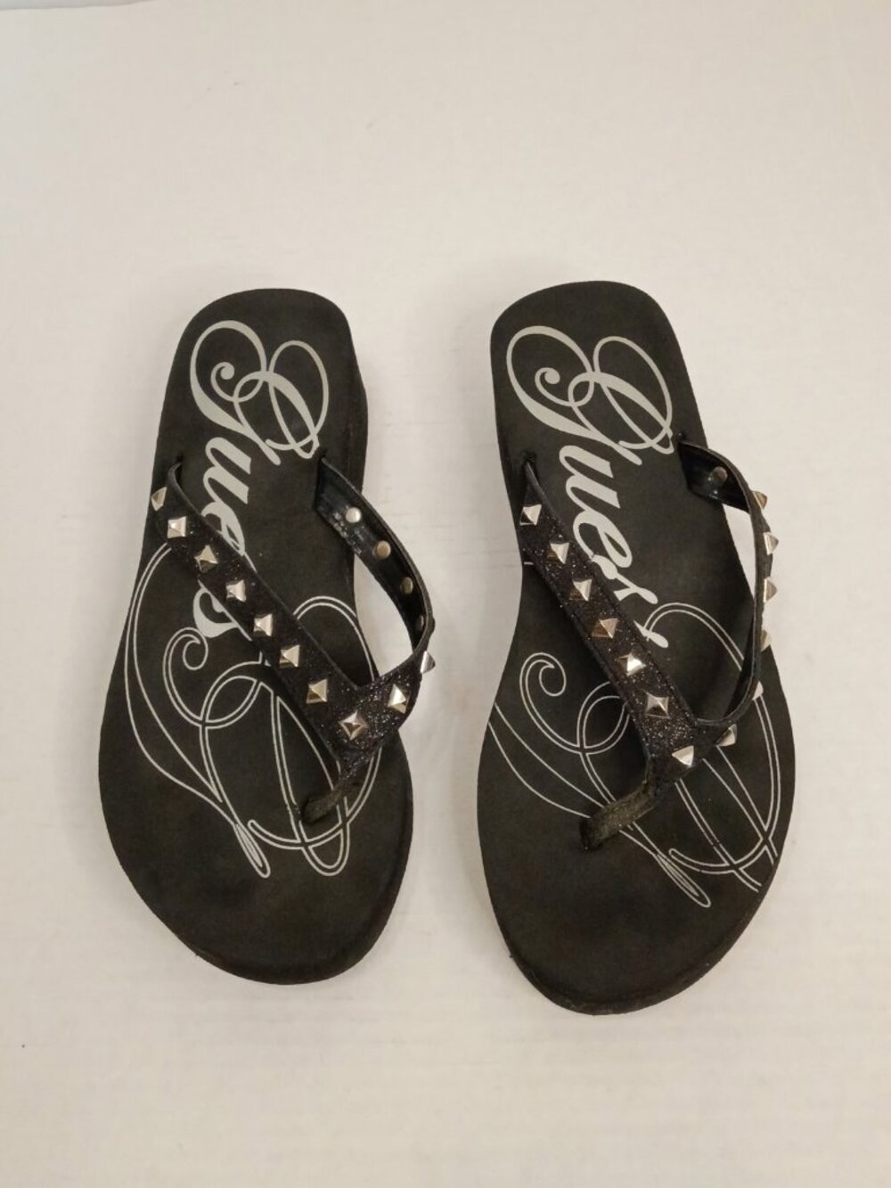 GUESS Y2K Platform Wedge Flip Flops Studded Straps Black Fits Women’s 9